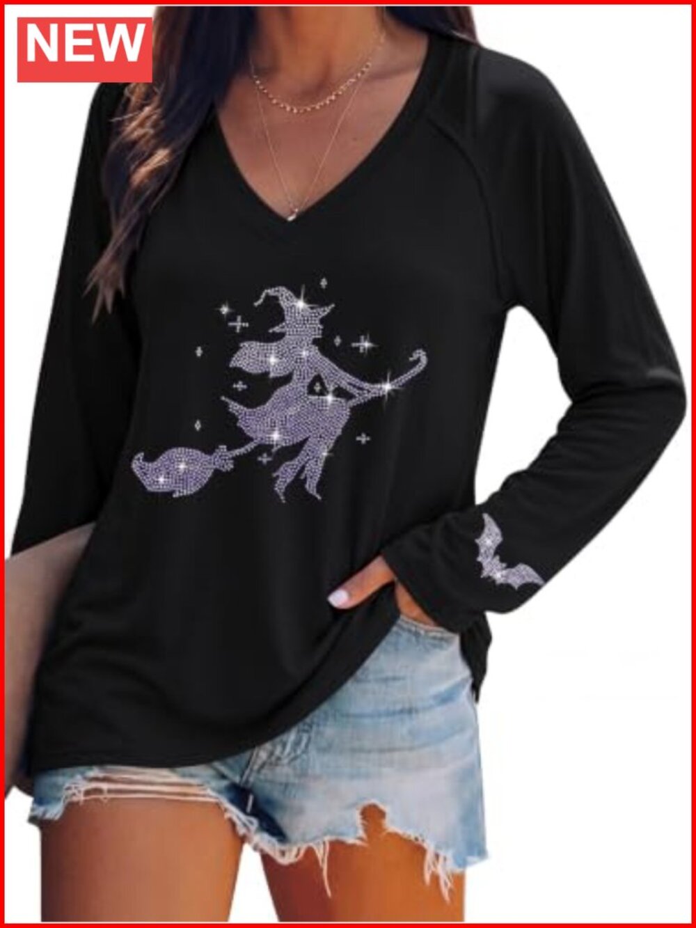 Women V Neck Halloween T Shirt Rhinestone Pumpkin Witch Graphic Tee